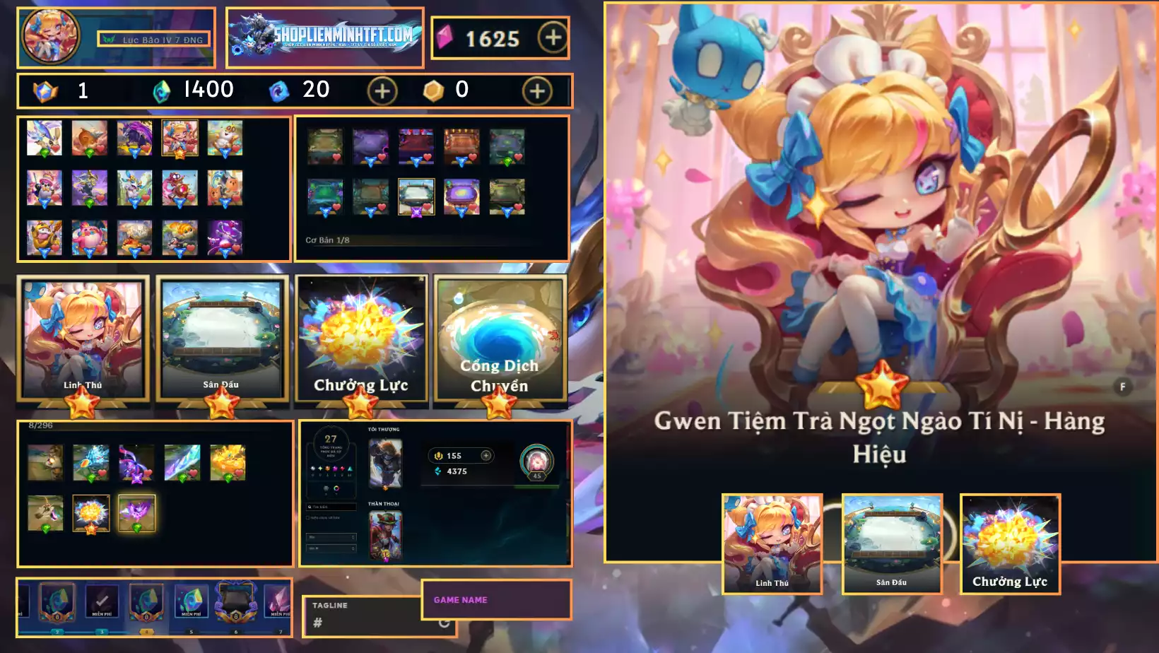 Gwen Tiệm Trà Ngọt Ngào Tí Nị Hàng Hiệu Kèm Chưởng Cam  - Dư 1 Huy Chương - 2 Vàng - 2 Tím - 1 Sàn Tím  - Dư 1400 Pha Lê - 0 Tí Nị Thường - 7 Sàn Đỏ  - Chưởng Lực Như Ảnh - Rank TFT Lục Bảo - Còn Đổi Tên